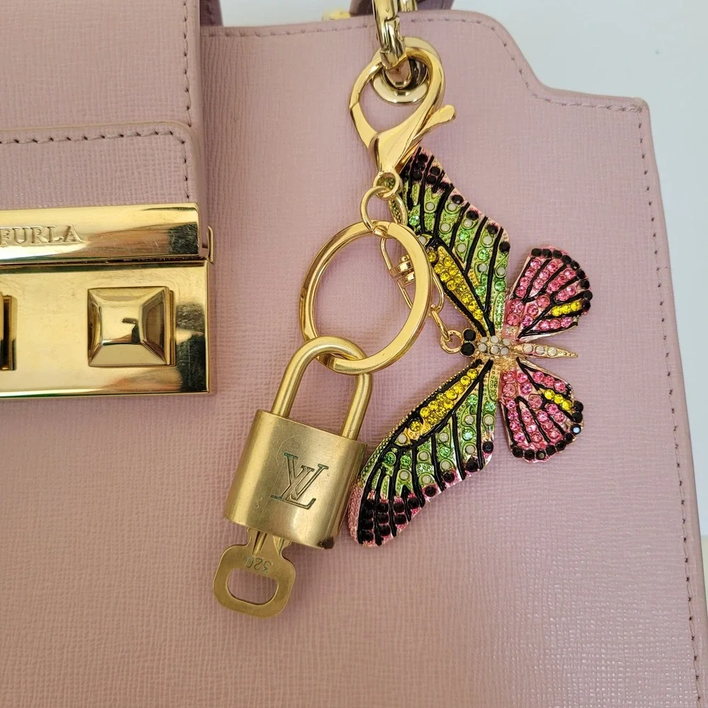 Louis Vuitton Brass Padlock Key Butterfly Bag Charm Keychain Gold Rhinestone 320